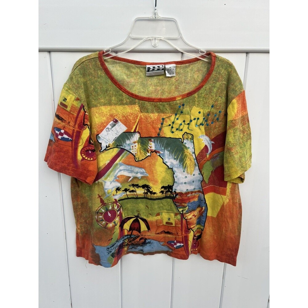 Take Two Womens Body Top Short Sleeve Multicolor Embellished Size XL Florida